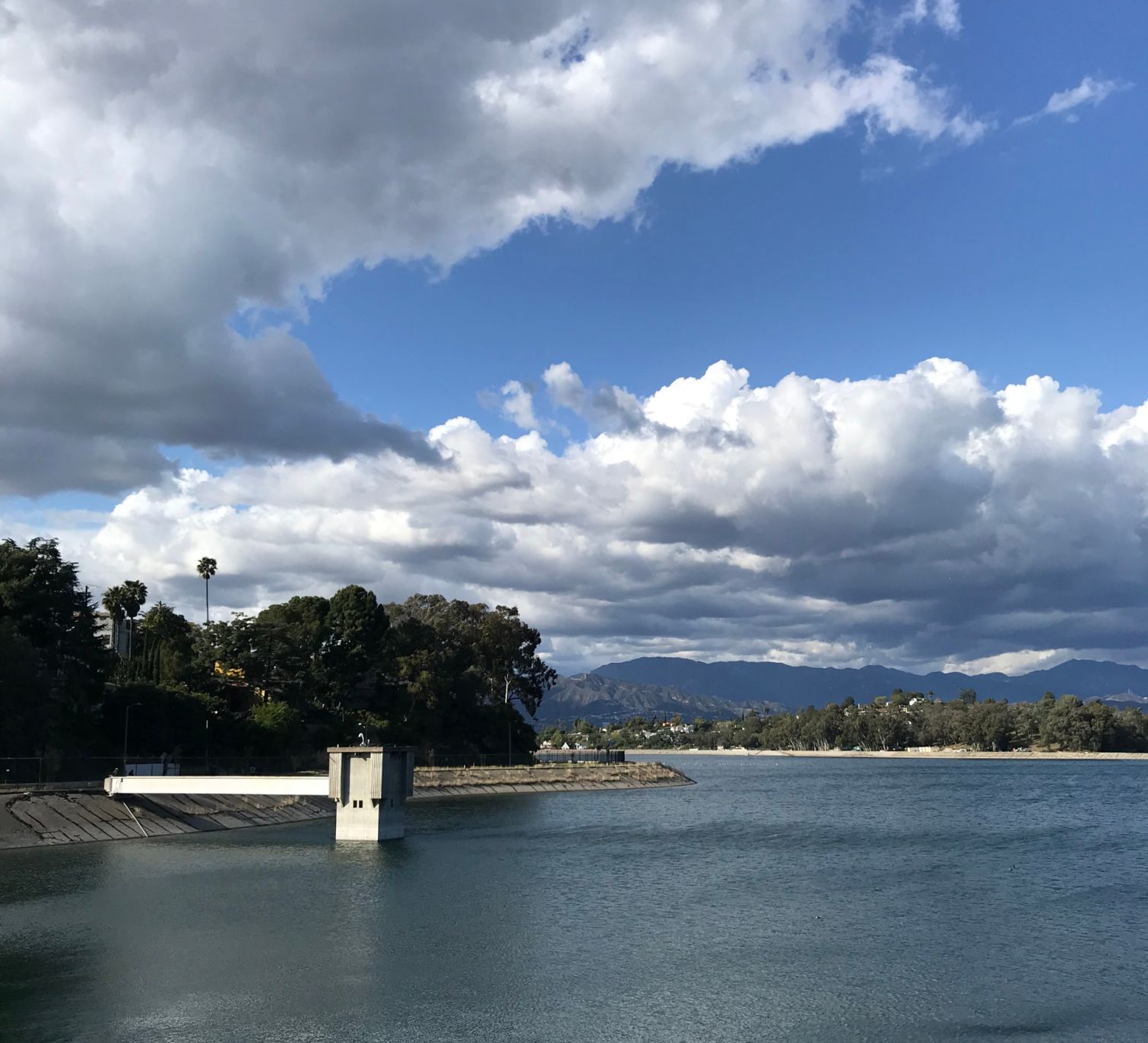 Bright blue skies and clouds over the Silver Lake Reservoir
